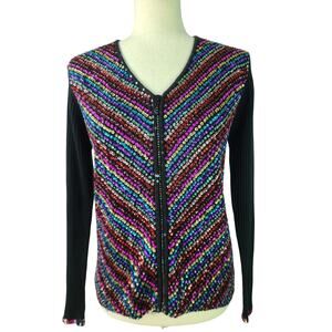 Berek Black Red Blue Sequin Embellished Bling Rib Knit Zip Up Sweater Medium